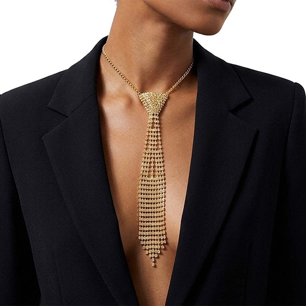 Bling Gold or Silver Fringe Rhinestone Tie Statement Necklace